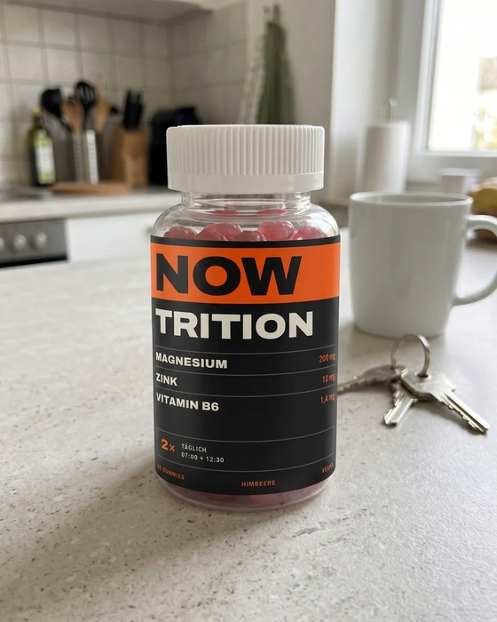 NOWTRITION Dose neben Kaffeetasse und Schlüsseln auf der Arbeitsplatte