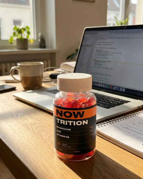 Schreibtisch mit Laptop, Kaffee und der NOWTRITION Dose im Sonnenlicht
