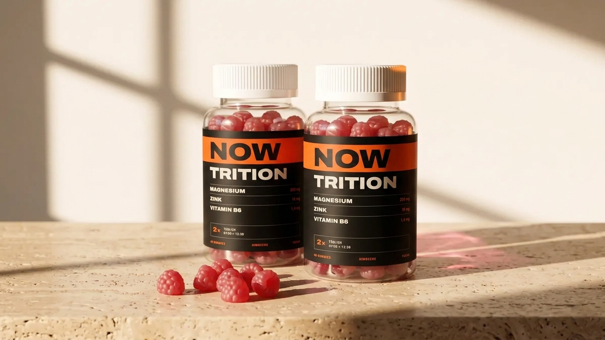 Zwei NOWTRITION Dosen mit Himbeer-Gummies im Nachmittagslicht
