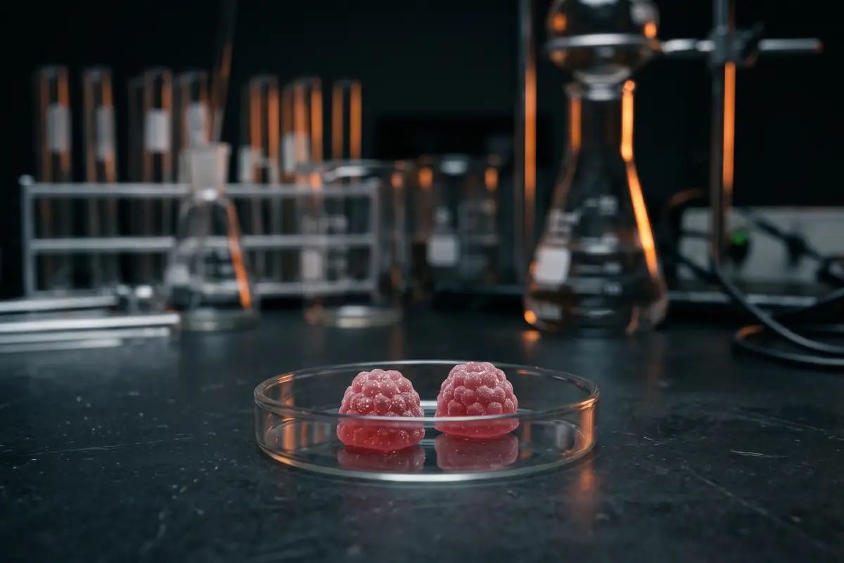Labortisch mit Glasgefäßen und Himbeer-Gummies in einer Petrischale